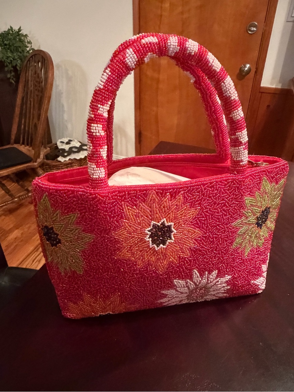 Beaded Floral Handbag in Red - Decorative Women's Tote